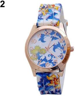 Mode Vrouwen Bloemenprint Silicon Band Arabische Cijfers Wijzerplaat Quartz Horloge Armband 2