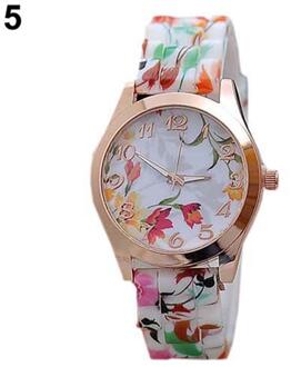 Mode Vrouwen Bloemenprint Silicon Band Arabische Cijfers Wijzerplaat Quartz Horloge Armband 5