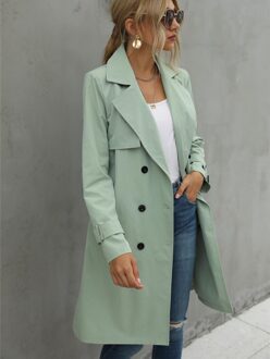 Mode Vrouwen Casual Effen Kleur Jas Volwassenen Herfst Elagant Lange Mouwen Revers Neckdouble Breasted Belted Trenchcoat groen / L