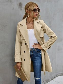 Mode Vrouwen Casual Effen Kleur Jas Volwassenen Herfst Elagant Lange Mouwen Revers Neckdouble Breasted Belted Trenchcoat khaki / S