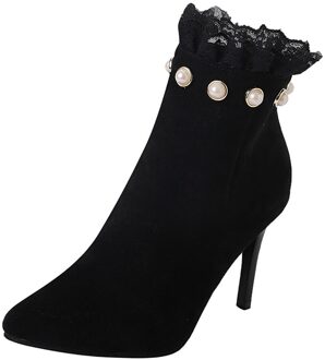 Mode Vrouwen Dames Mode Enkel Puntschoen Parel Korte Laarzen Casual Dunne Hakken Schoenen Coturno Feminino Bota Femenina 34