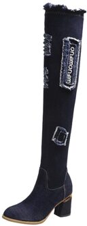 Mode Vrouwen Denim Rits Ronde Neus Hoge Laarzen Over De Knie Hoge Hak Schoenen donker blauw / 5.5