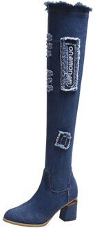 Mode Vrouwen Denim Rits Ronde Neus Hoge Laarzen Over De Knie Hoge Hak Schoenen licht blauw / 5.5