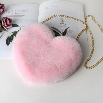 Mode Vrouwen Hartvormige Handtassen Leuke Kawaii Faux Fur Crossbody Tassen Portemonnee Portemonnee Pluche Keten Schoudertas Dame Handtas licht roze
