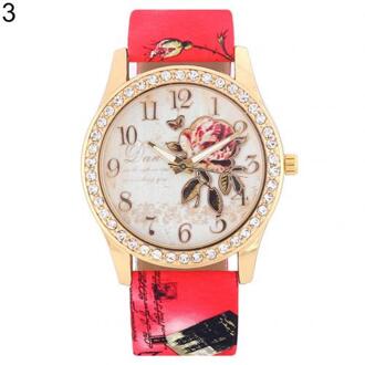 Mode Vrouwen Print Rose Patroon Strass Horloge Casual Klok Quartz Horloge Reloj Mujer Relogio Feminino Reloj Hombre Ladi Rood