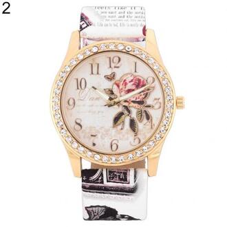 Mode Vrouwen Print Rose Patroon Strass Horloge Casual Klok Quartz Horloge Reloj Mujer Relogio Feminino Reloj Hombre Ladi wit