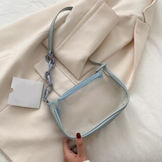 Mode Vrouwen Pvc Transparante Keten Schouder Onderarm Casual Dames Rits Kleine Portemonnee Handtas Blauw