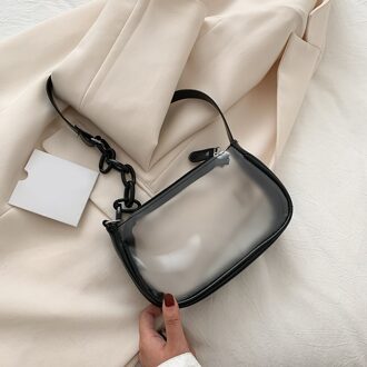 Mode Vrouwen Pvc Transparante Keten Schouder Onderarm Casual Dames Rits Kleine Portemonnee Handtas zwart