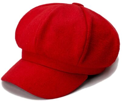 Mode Vrouwen Wollen Achthoekige Cap Brede Rand Baret Hoed Casual Herfst Winter Warm Cap Effen Elegante Dames Hoeden Zwart casual rood