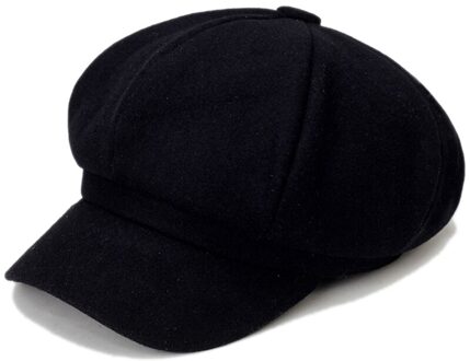 Mode Vrouwen Wollen Achthoekige Cap Brede Rand Baret Hoed Casual Herfst Winter Warm Cap Effen Elegante Dames Hoeden Zwart casual