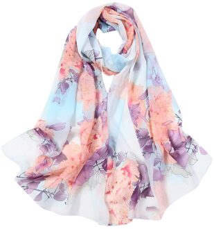 Mode Vrouwen Zijden Sjaal Bloem Afdrukken Sjaals Lange Zachte Wrap Simulatie Zijden Sjaal Dames Strand Sjaal Bandana licht blauw