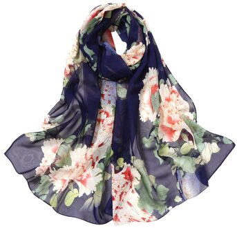 Mode Vrouwen Zijden Sjaal Bloem Afdrukken Sjaals Lange Zachte Wrap Simulatie Zijden Sjaal Dames Strand Sjaal Bandana marine