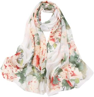 Mode Vrouwen Zijden Sjaal Bloem Afdrukken Sjaals Lange Zachte Wrap Simulatie Zijden Sjaal Dames Strand Sjaal Bandana wit