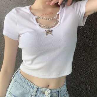 Mode Vrouwen Zomer Casual T-shirts Vlinder Hanger Decor O-hals Korte Mouw Brief Solid Slim Truien Top wit / S