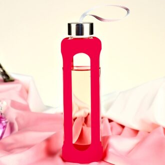 Mode Water Fles Sport Creatieve Siliconen Cover Glas Hoge Borosilicaatglas Gezonde Drank Cup Fietsen Running Water Mok roos rood