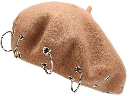 Mode Winter Baretten Voor Vrouwen meisje Punk Rock Stijl Ijzeren Ringen Baret Caps Retro Wol Hoeden Zwarte Wollen Schilder Caps Beige