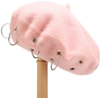 Mode Winter Baretten Voor Vrouwen meisje Punk Rock Stijl Ijzeren Ringen Baret Caps Retro Wol Hoeden Zwarte Wollen Schilder Caps Roze