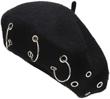 Mode Winter Baretten Voor Vrouwen meisje Punk Rock Stijl Ijzeren Ringen Baret Caps Retro Wol Hoeden Zwarte Wollen Schilder Caps