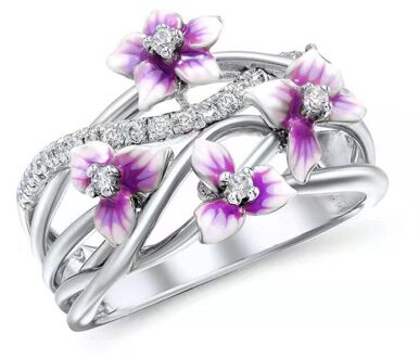 Mode Zilveren Kleur Roze Emaille Bloemen Lover Engagement Ring Oostenrijkse Kristal Bruid Belofte Trouwringen Voor Vrouwen Sieraden 10