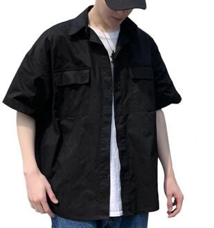 Mode Zomer Casual Mannen Shirt Korte Halve Mouwen Tooling Shirt Pocket Straat Mannen Vlakte Losse Casual Top zwart / M