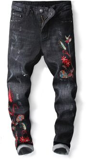 Mode Zwart Borduurwerk Bloem Skinny Jeans Mannen Vintage Ripped Zip Bedelaar Broek Klassieke Denim Biker Broek 38