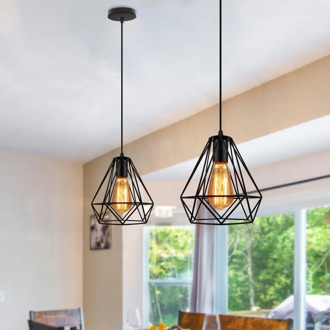 Modern Industrial Vintage Pendant Light Iron Cage Diamond Pyramid Lamp Home Pendant Hanging Lighting for Restaurant Living Room