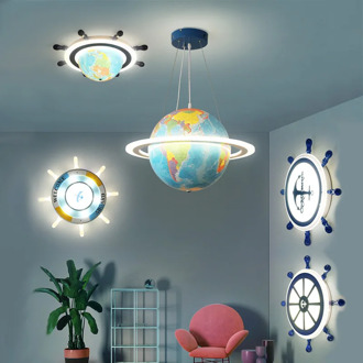Modern Led Children's Room Lamp Creative Globe, Ship Rudder Ceiling Lamp, Remote Control Dimming Boy and Girl Bedroom Chandelier
