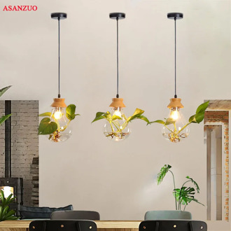 Modern Plant Pendant Light Wood Glass Bottle Decor Restaurant Bar Cafe Living Room Study Lighting LED Pendant Hang Lamp