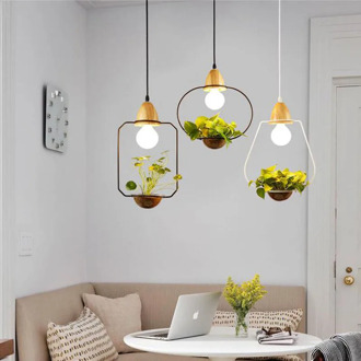 Modern Simple Creative Iron Plant Pot Pendant Lamps Restaurant Living Room Cafe Bar Decoration Wood and Glass Pendant Lights