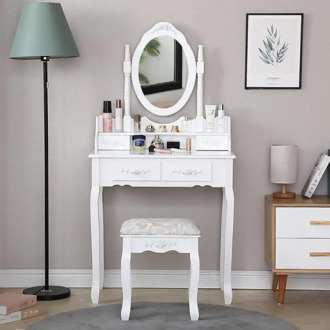 Modern Wooden Dressing Vanity Table Set Concise 4 Drawer With 360 Rotation Mirror Makeup Dresser Chair Jewelry Organizer HWC