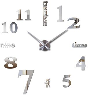 Moderne Grote Wandklok 3D Acryl Spiegel Sticker Fahsion Groot Aantal Horloge Diy Art Sticker Wandklok Diameter 60Cm/120Cm zilver / 60x60cm