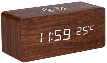 Moderne Houten Alarm Houten Led Wekker Desktop Tafel Digitale Thermometer Draadloze Oplader Met Qi Draadloos Opladen Pad