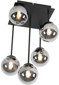 Moderne plafondlamp zwart 5-lichts met smoke glas - Athens