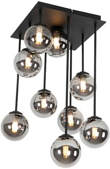 Moderne plafondlamp zwart 9-lichts met smoke glas - Athens