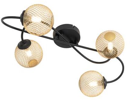 Moderne plafondlamp zwart met goud 4-lichts - Athens Wire