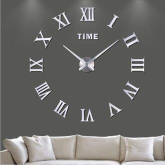 Moderne Romeinse Cijfers Grote Klok Diy Grote Wandklok 3D Spiegel Oppervlak Sticker Home Decor Art Giant Wandklok Horloge C33 silverclock