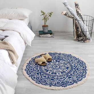 Moderne slaapkamer kwastje katoen stijl ronde tapijt woonkamer decoratie hand-geweven nationale klassieke wandtapijt kinderen sofa mat blauw