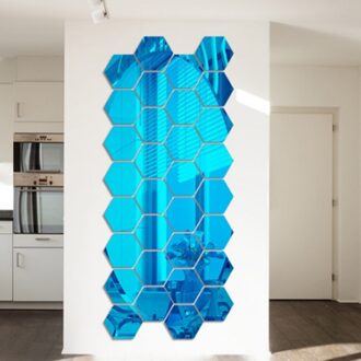 Moderne Stijl 2 stks/set Zeshoekige Box Stereoscopische Karakter Decoratieve Spiegel Muurstickers Woonkamer Decor blauw