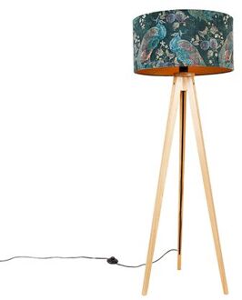 Moderne vloerlamp hout stoffen kap pauw 50 cm - Tripod Classic Paars, Goud, Groen, Beige