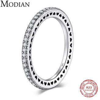 Modian Authentic 925 Sterling Silver Hearts Ring Clear CZ Fashion Stackable Vintage Classic Luxury For Women Engagement Gift