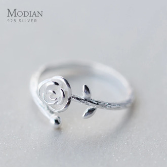 Modian Plant Authentic Sterling Silver 925 Ring for Women Fashion Classic Open Adjustable Lovely Rose Ring Fine Jewelry Bijoux