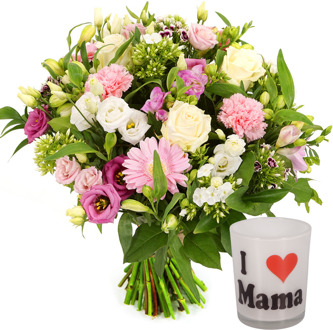 Moederdag boeket wit roze + waxinelichtje I love mama