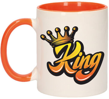 Mok/ beker wit en oranje Koningsdag King met kroon 300 ml - feest mokken