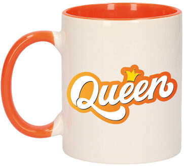 Mok/ beker wit en oranje Koningsdag Queen met kroontje 300 ml - feest mokken