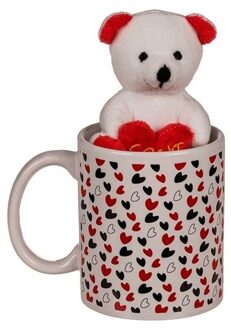 Mok met knuffelbeer - Valentijn - 300 ml - 8 x 10 cm - Love - hartjes - cadeau beker