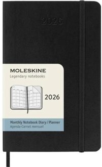 Moleskine agenda 2026, 1 maand per 2 pagina's, softcover, a6, zwart