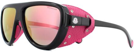 Moncler Aviator unisex glanzend zwart met roze lederen blauw met roze spiegel zonnebril - One Size