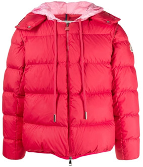Moncler Rode gewatteerde nylon jas met afneembare capuchon Moncler , Pink , Dames - S,Xs
