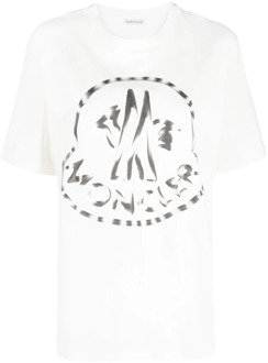 Moncler Witte T-shirt met geribbelde ronde hals voor vrouwen Moncler , White , Dames - XS