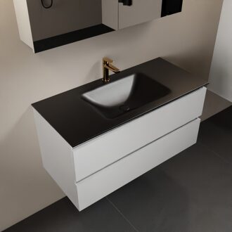 Mondiaz AIVY 100cm badmeubel Talc, wastafel Urban solid surface midden 1 kraangat met spiegelkast (AI-351321URBAN-SI - AI-M100TAMI - AI-C100TAMI)